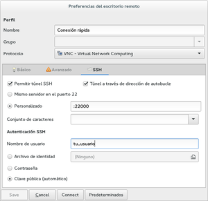 Configurar el túnel SSH para la conexión VNC. Hay que usar el puerto que hayas abierto en tu router (si es el 22, basta con marcar la opción "Mismo servidor en el puerto 22"). Si no has puesto autenticación con clave pública, marca la opción "Contraseña".
